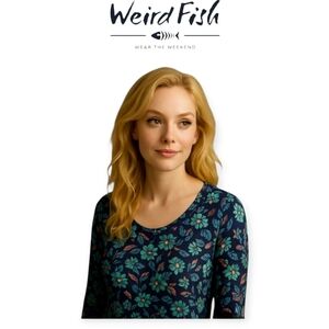 Weirdfish Blue Green Patterned Scoopneck Long Sleeve Cotton Tee UK 8 US 4